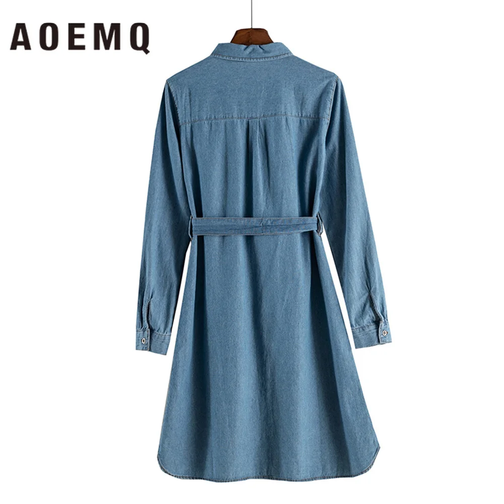 AOMEQ джинсовая синяя рубашка осеннее платье с отложным воротником ТРАПЕЦИЕВИДНОЕ