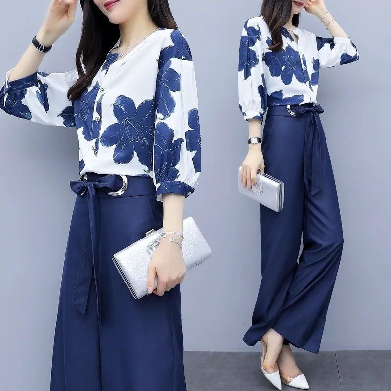 Женский шифоновый комплект из двух предметов с цветочным принтом блузка и