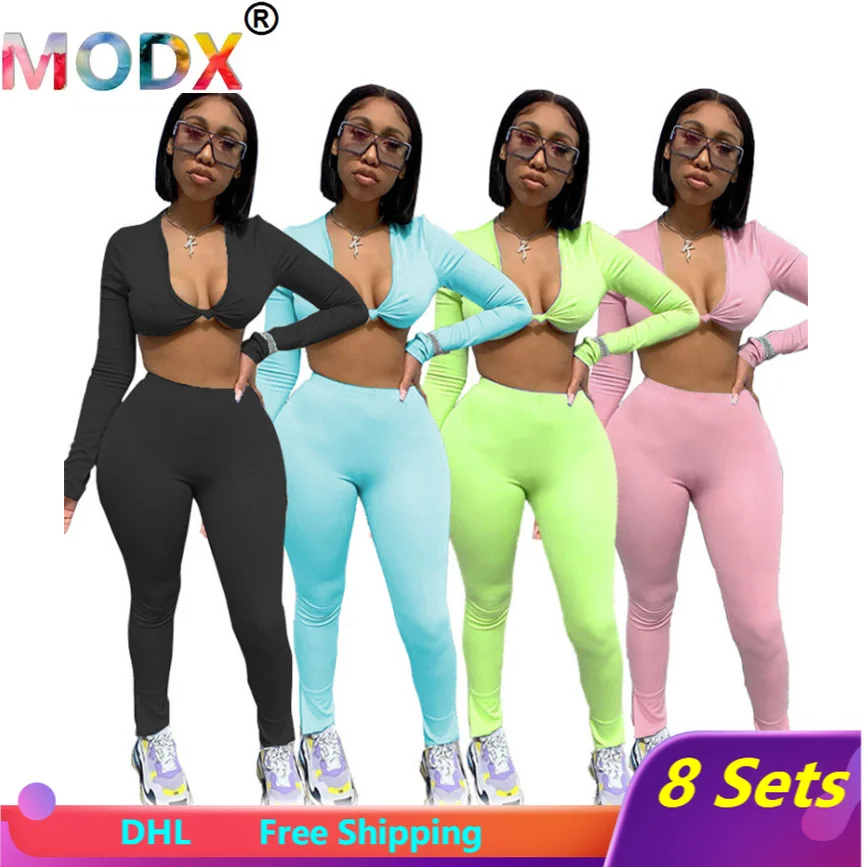 

Женский сексуальный комплект из двух предметов, эластичный спортивный костюм для фитнеса, Однотонный женский короткий топ с длинным рукаво...