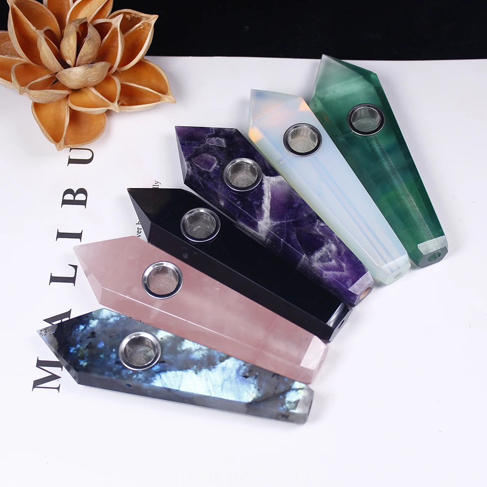 

Natural crystal stone smokey pipe healing quartz jewelry crystal point wand gemstone With 3pc Metal Filter + 1brush