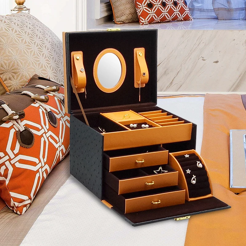 FUN-BEAUTY Ostrich Pattern Leather Jewelry Storage Box Multi-compartment Large-capacity Portable Lock Dressing Case | Украшения и