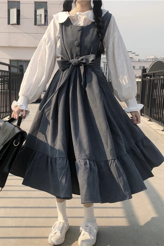 

Japanese college style sweet high waist straps ruffled strap dress shirt gothic lolita dress women kawaii clothing loli jsk