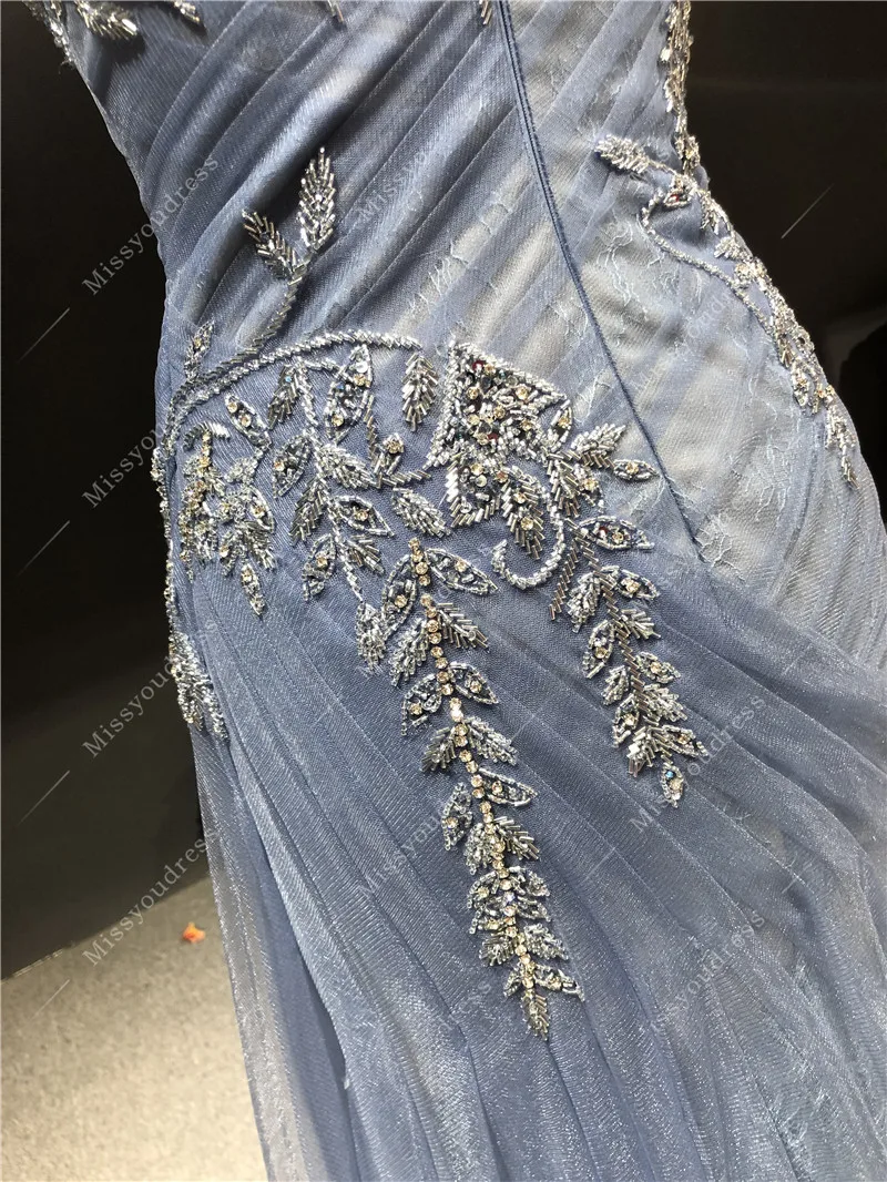 2021 Real Sample Luxurious Blue Pleat Beads Sleeveless Side Split Floor Length Formal Prom Party Dancing Bridal Evening Dress