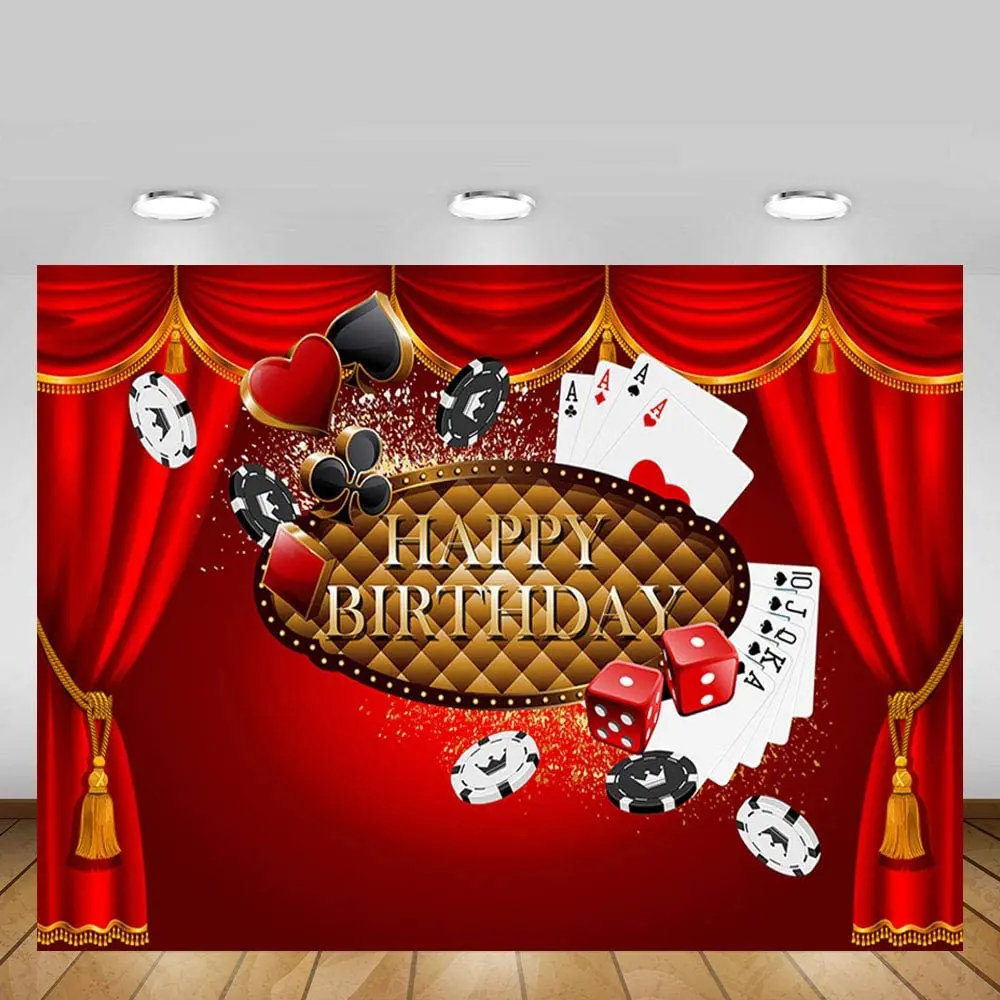 

Casino Themed Red Curtain Adult Happy Birthday Party Photo Studio Background Banner Poker Card Dice Photography Backdrop