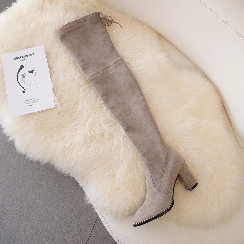 

TXCNMB Women Over The Knee Boots Casual Round Toe Lace Up Ladies High Heel Boots Suede Leather New Autumn Winter Women Shoes