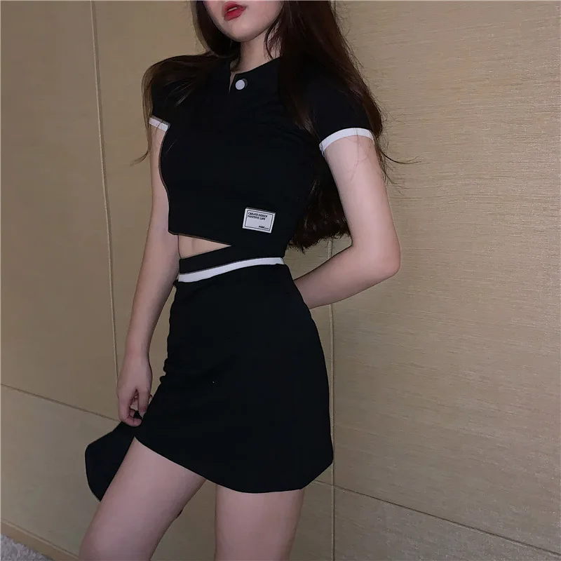 Two Piece Set Women 2022 Lapel T-Shirt Mini Dress Set Korean Fashion Sport Dress 2 Piece Sets Student Shorts Sets Solid Skirts