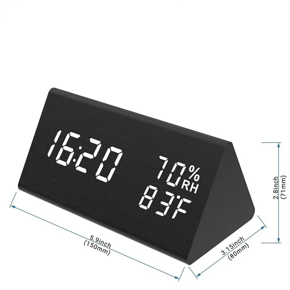 

Digital Alarm Clock Wood Design Sound Control Electronic LED Time Display Adjustable Brightness Humidity & Temperature Detect