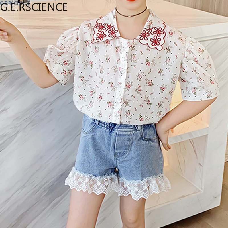 

2021 new summer shirt + denim shorts 2-piece girl's clothing children's clothing casual fashion kids clothes
