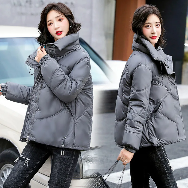 2021 New Women's Winter Thick Bread Coat Loose Down Padded Jacket Glossy Short Fashion Casual Parka Solid Color Female Outerwear
