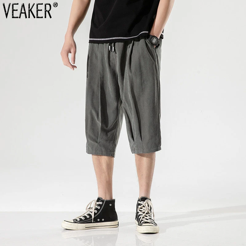 

2022 New Men's Summer Casual Loose Shorts Male Solid Color Linen Cotton Knee Length Shorts M-3XL