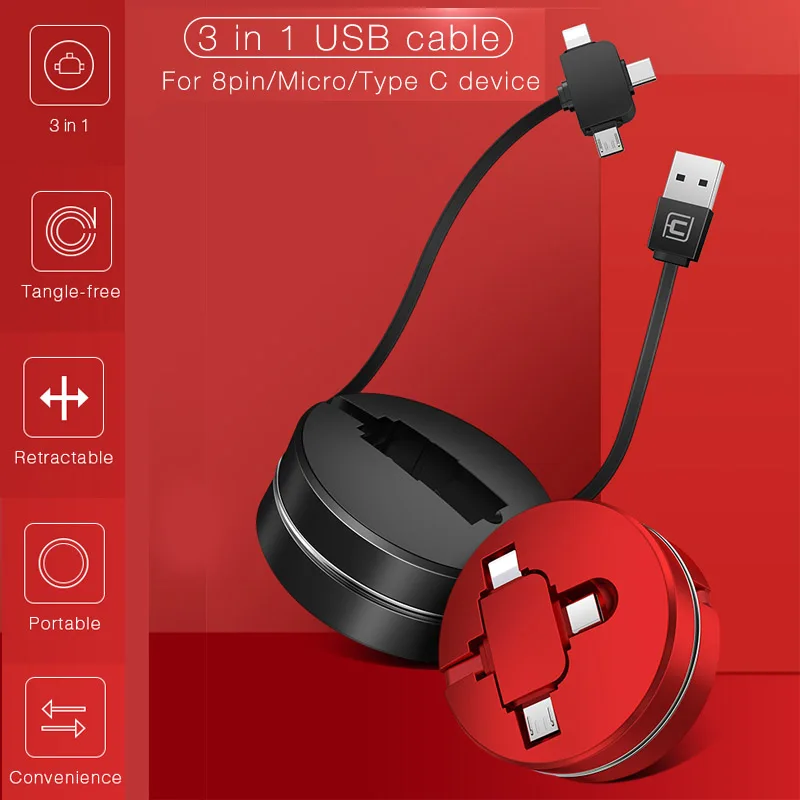 USB кабель для Xiaomi 3 в 1 Micro Type C 8 контактный iPhone X 7 6 выдвижная конструкция