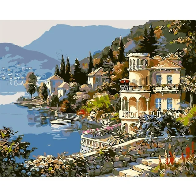 

DIY Framed Oil Paint by Numbers Mediterranean Sea Beach Resort For Wall Decoration Hot Selling
