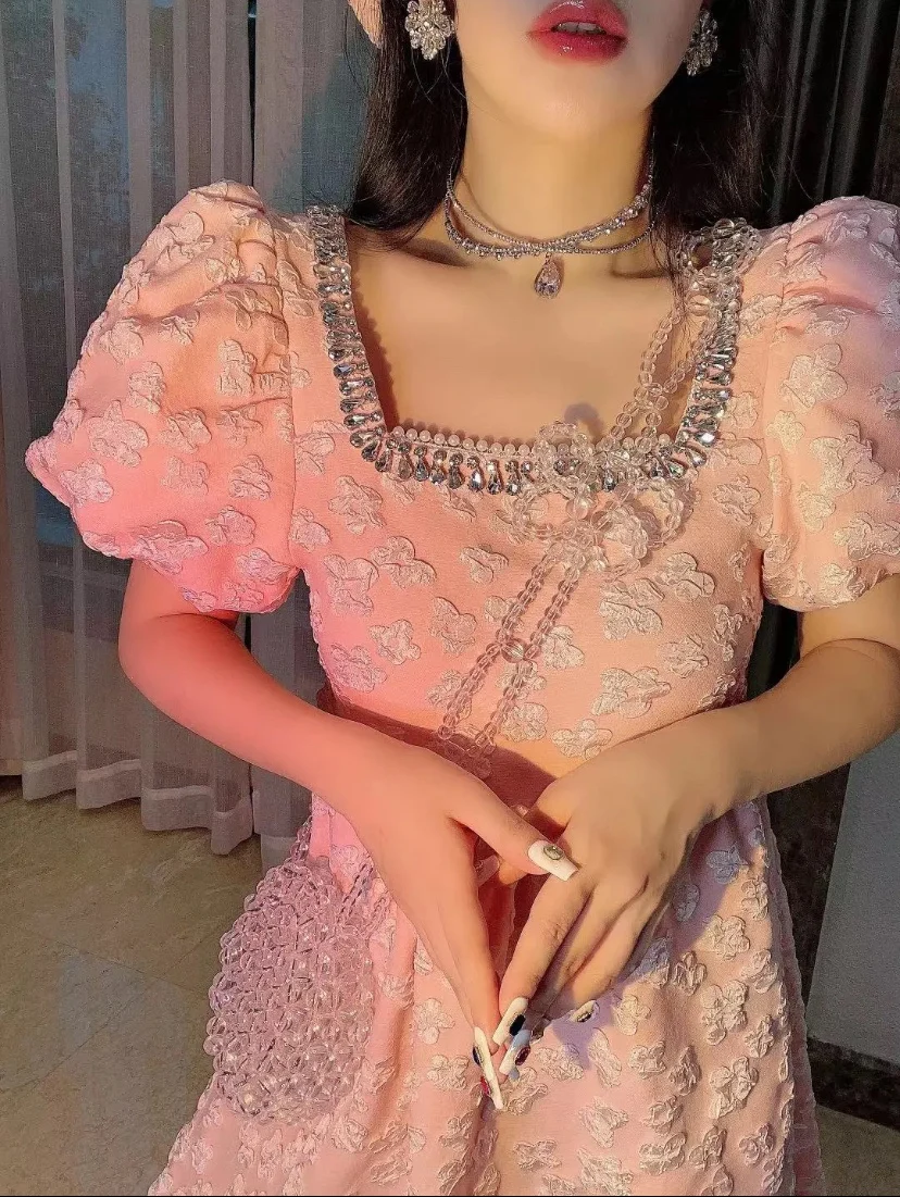 

2021 Summer New Fashion Palace Style Beaded Women Mini Dress Slim Waist Puff Sleeve Elegant Jacquard A-line Ladies Short Dress