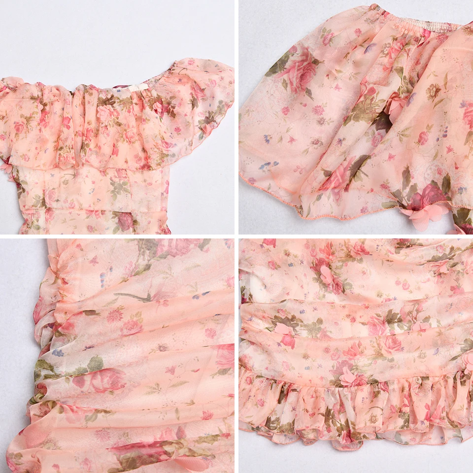

Women Sweet Floral Print Chiffon Dress Lovely Ruffles Off Shoulder Ruched Dress Female Casual Summer Sexy Backless Outfits Dress