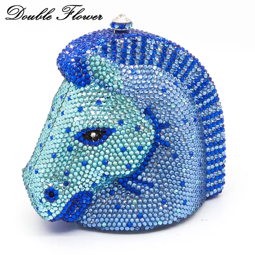 

Женский клатч в форме головы лошади с двумя цветами, блестящий вечерний клатч с синими кристаллами, сумочка для свадебной вечеринки, сумочк...
