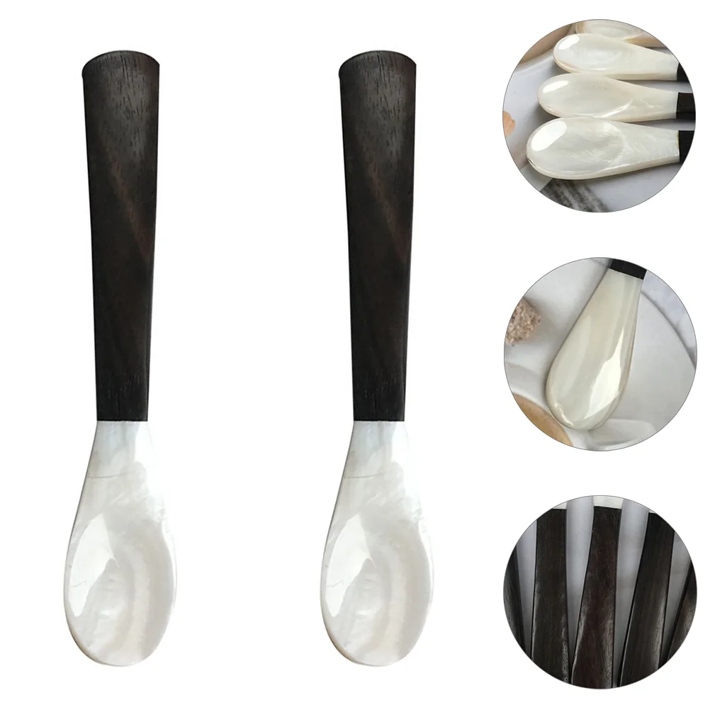 

2Pcs Multifunctional Dessert Spoon Ebony Handle Shell Spoons Coffee Spoons