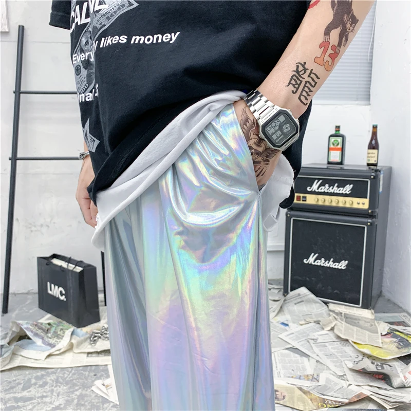 

M-XXL Fashion Loose Fit Pants Punk Style Silver Leather Streetwear Dance Night Club Gothic Cool Hip Hop Trousers For Men XXL