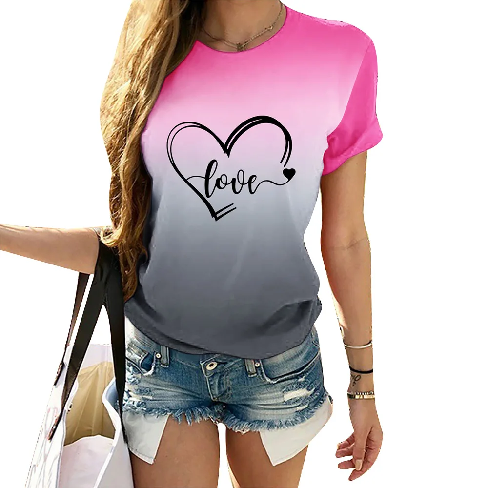 

Женский пуловер с круглым вырезом, Повседневный пуловер с коротким рукавом и принтом на День святого Валентина, футболка с градиентом и кру...