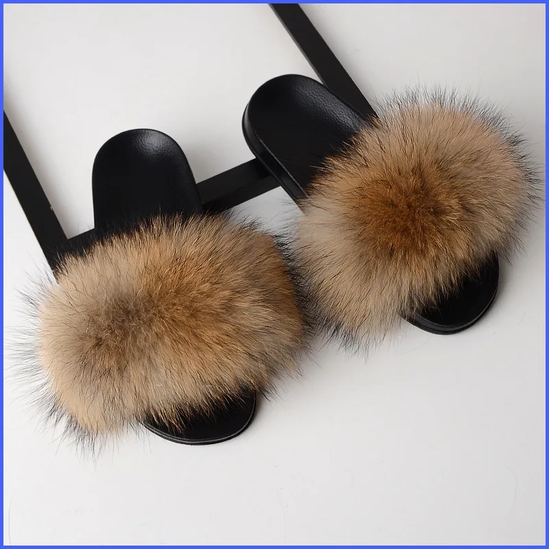 

Fur Slippers Women Real Fox Fur Slides Home Furry Flat Sandals Female Cute Fluffy House Shoes Woman Brand Luxury 2020