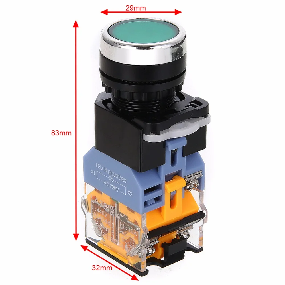 Светодиодный моментальный кнопочный переключатель NO + NC START STOP DPST 220 В переменного