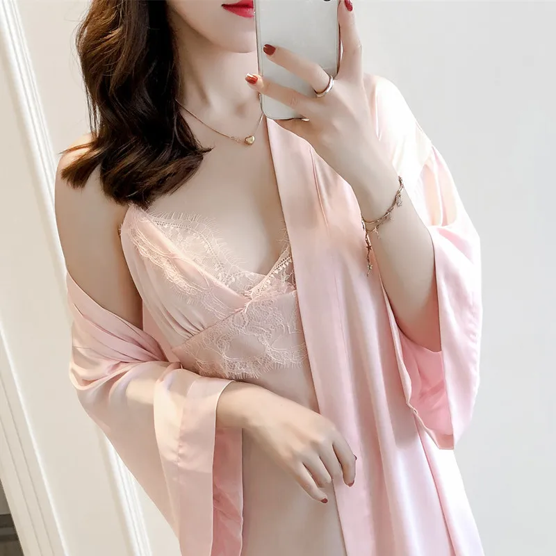 

Summer Satin Robe Set Sexy Lace Kimono Gown Silky 2PCS Sleepwear Female Nighty&Robe Set Casual Sleep Set V-neck Home Clothing