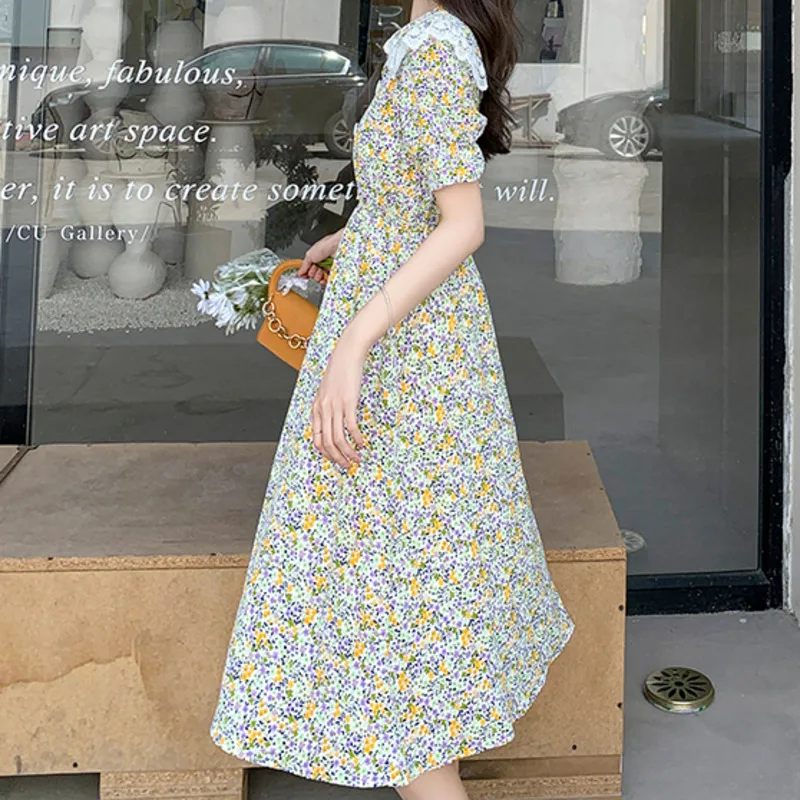 

Korean Vintage Floral Printed Midi Dress Summer Button Female Holiday Short Sleeve Chiffon Dress Vestidos De Mujer Casual 2021