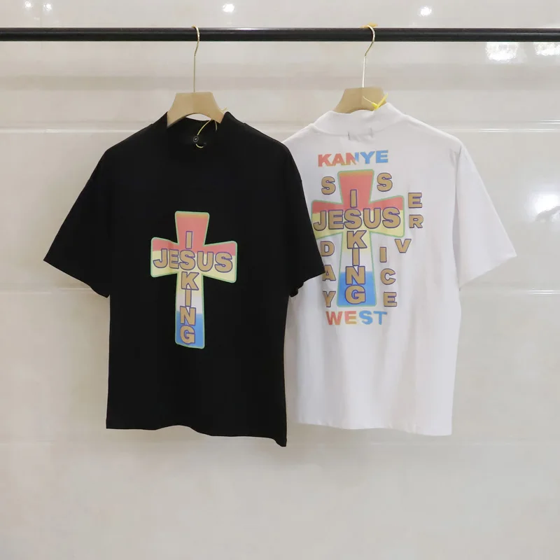 

2021 Kanye Мужская и женская футболка с коротким рукавом с изображением радужного Креста Иисуса короля