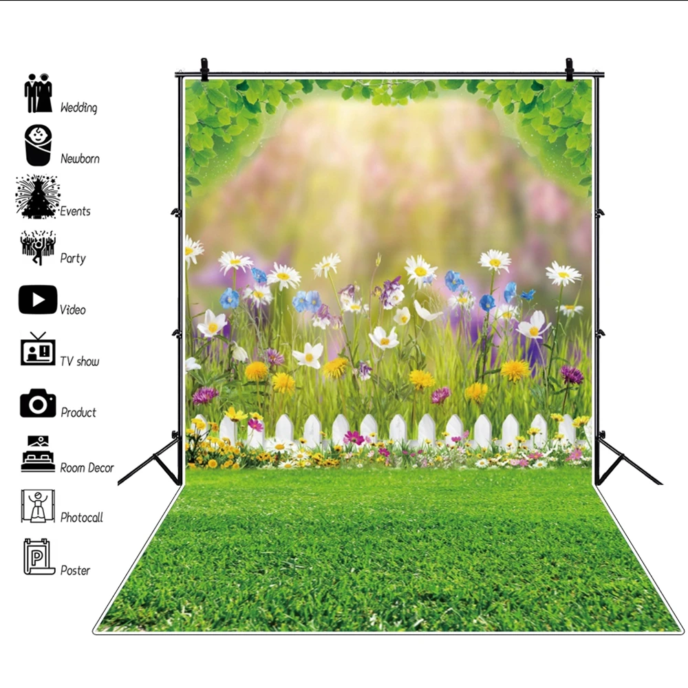 

Spring Happy Easter Photography Backdrop Easter Eggs Green Grass Pink Floral Background Baby Kids Portrait Party Photo Booth