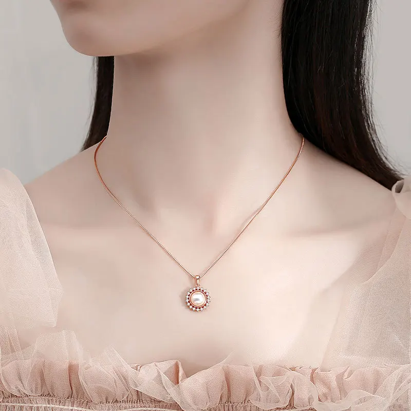 

S925 Sterling Silver Sun Flower Necklace Female Small Fresh Pearl Pendant Rose Gold Clavicle Chain Women's Day Gift