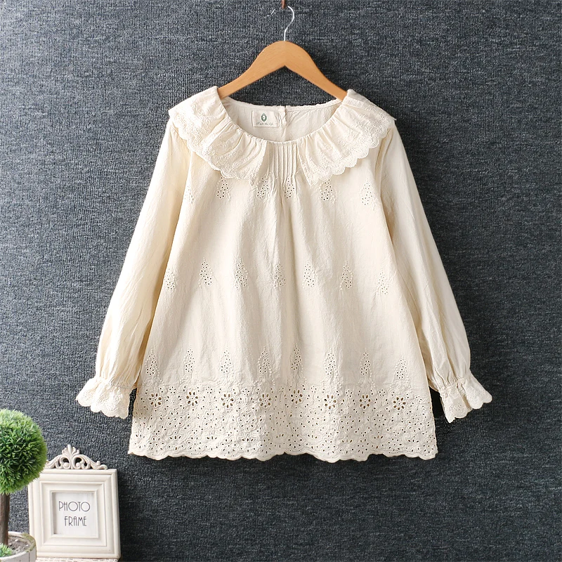 

Spring new women's wear Japanese small fresh embroidery solid color Pullover shirt long sleeve tops