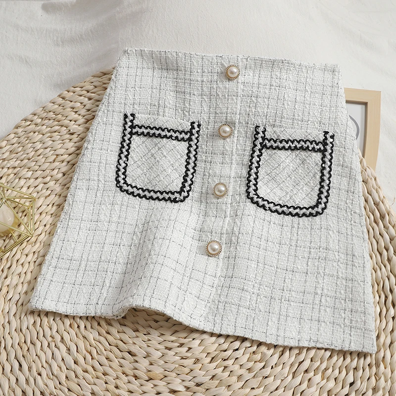 Юбка женская твидовая в клетку Офисная винтажная шерстяная мини-юбка с карманами