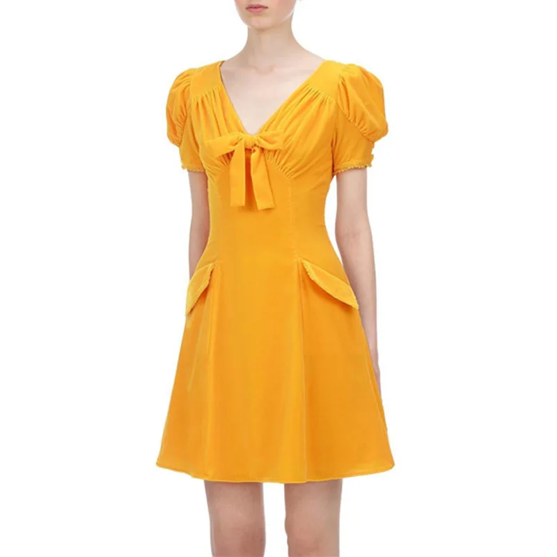 Женское бархатное платье с V-образным вырезом коротким рукавом-фонариком и