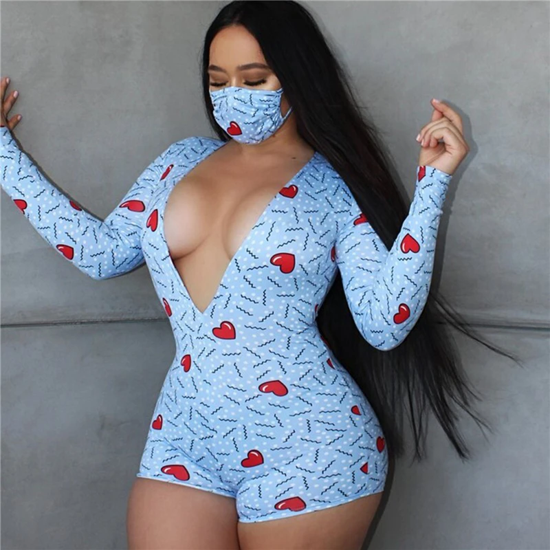 

Womens Sexy Playsuit Heart Print V-Neck Long Sleeve Bodycon Casual Rompers Spring Jumpsuit Shorts Romper With Mask