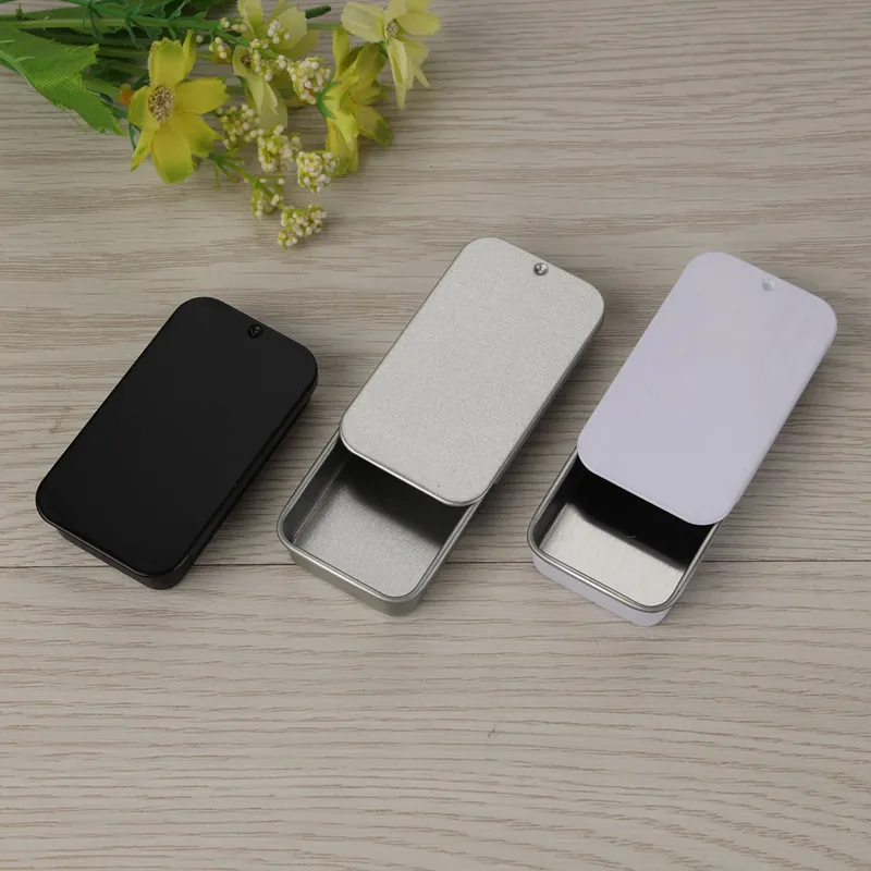 

Size60x34x11mm white and black sliding tin box/mint tin box/lip balm packing box with food grade coating/rectangle tin100pcs/lot