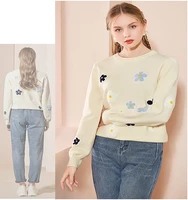 korean floral emobroidery pullover sweater fashion sweater o neck sweater casual loose long sleeve pullover