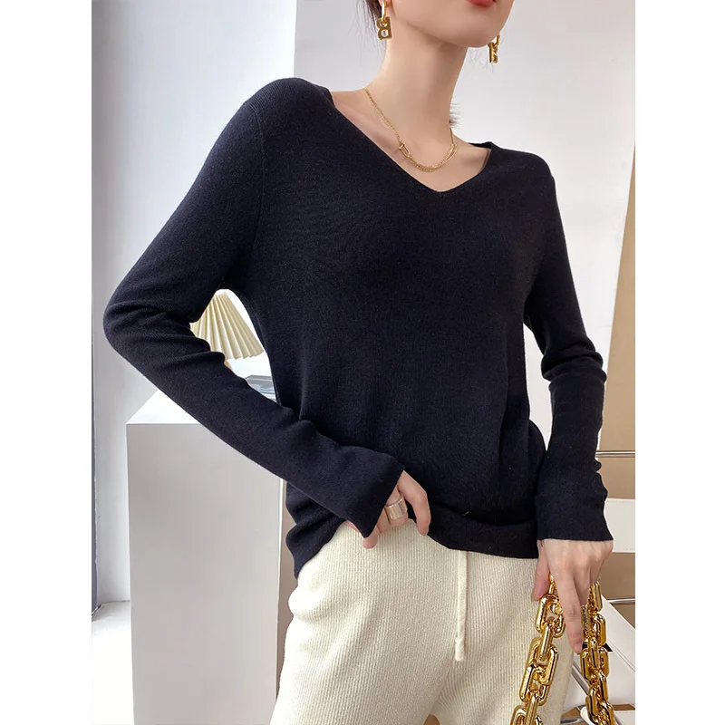 

TVVOVVIN Winter Korean Style Pullover Knitted Tops Long Sleeve Slim V-neck Simple All-match Casual Women Clothes F134