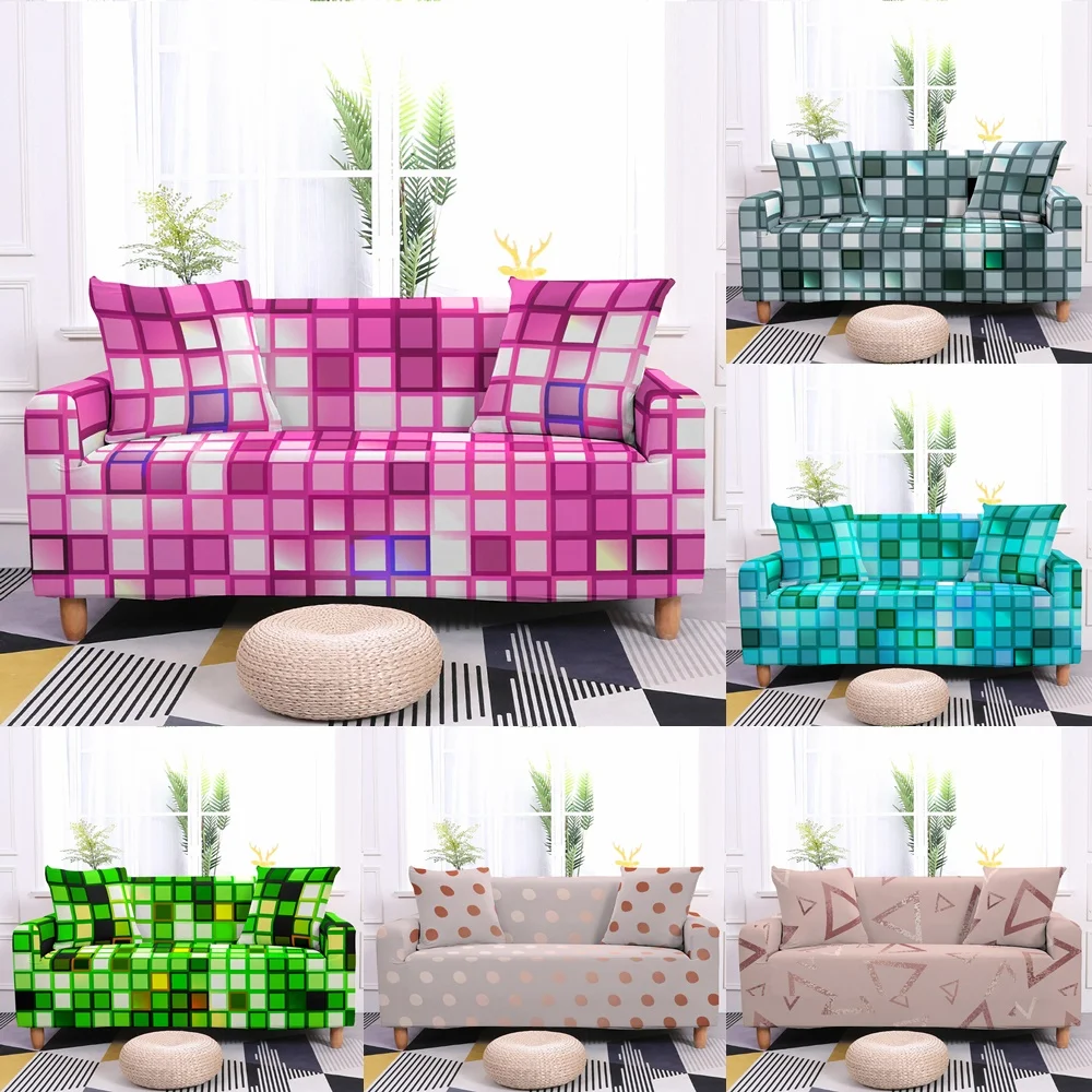 

Colorful Geometry Plaid Elastic Sofa Cover Living Room Stretch Dots Grid Sectional Corner Couch Cover L Shape Armchair Slipcover