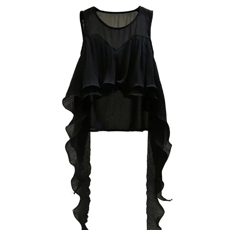 Женская блузка без рукавов белая плиссированная Асимметричная шифоновая