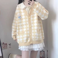 japanese kawaii knitting cardigan rhomboid checkerboard student sweater coat women cute rabbit yellow cartoon autumn winter top