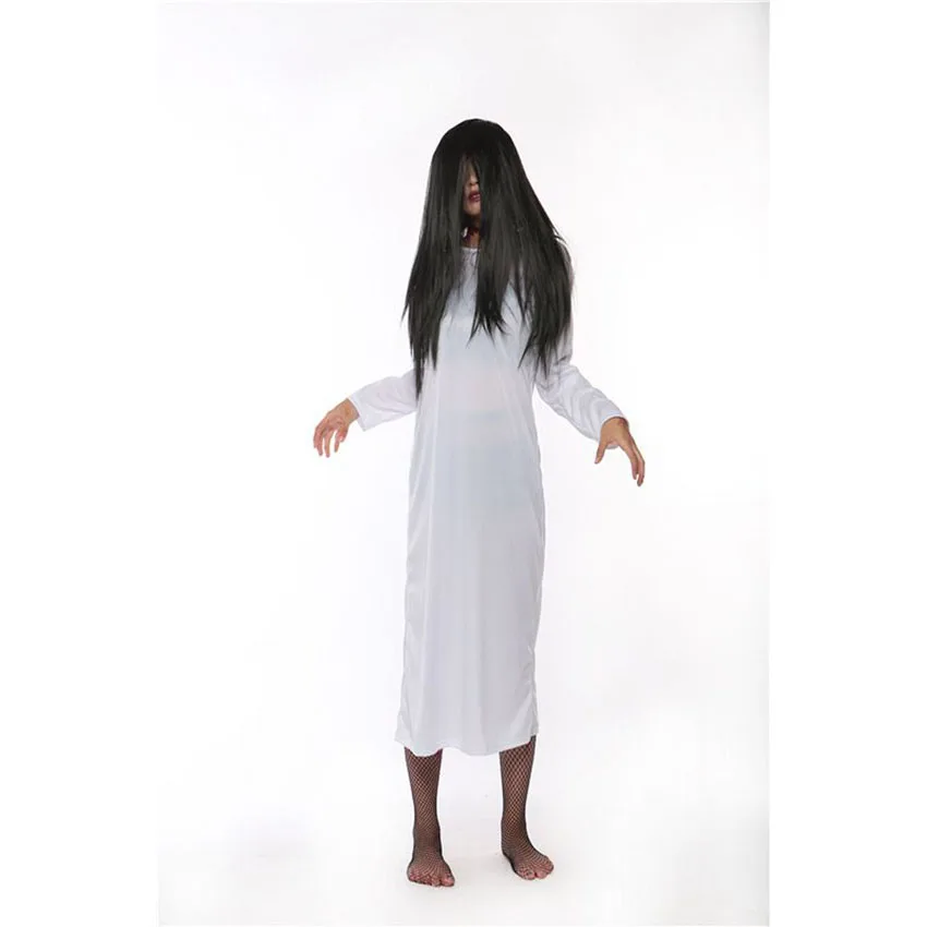 White dress and wig Белое красное однотонное платье размера плюс для женщин, маскарадный костюм на Хэллоуин, страшные костюмы с париком, платье для женщин - Цвет: White dress and wig