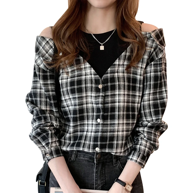 Women Casual Plaid Shirts Loose Style ladies Tops Black Fake Two Piece Blouses 2022 Spring Oversized Blouses Off Shoulder Shirt