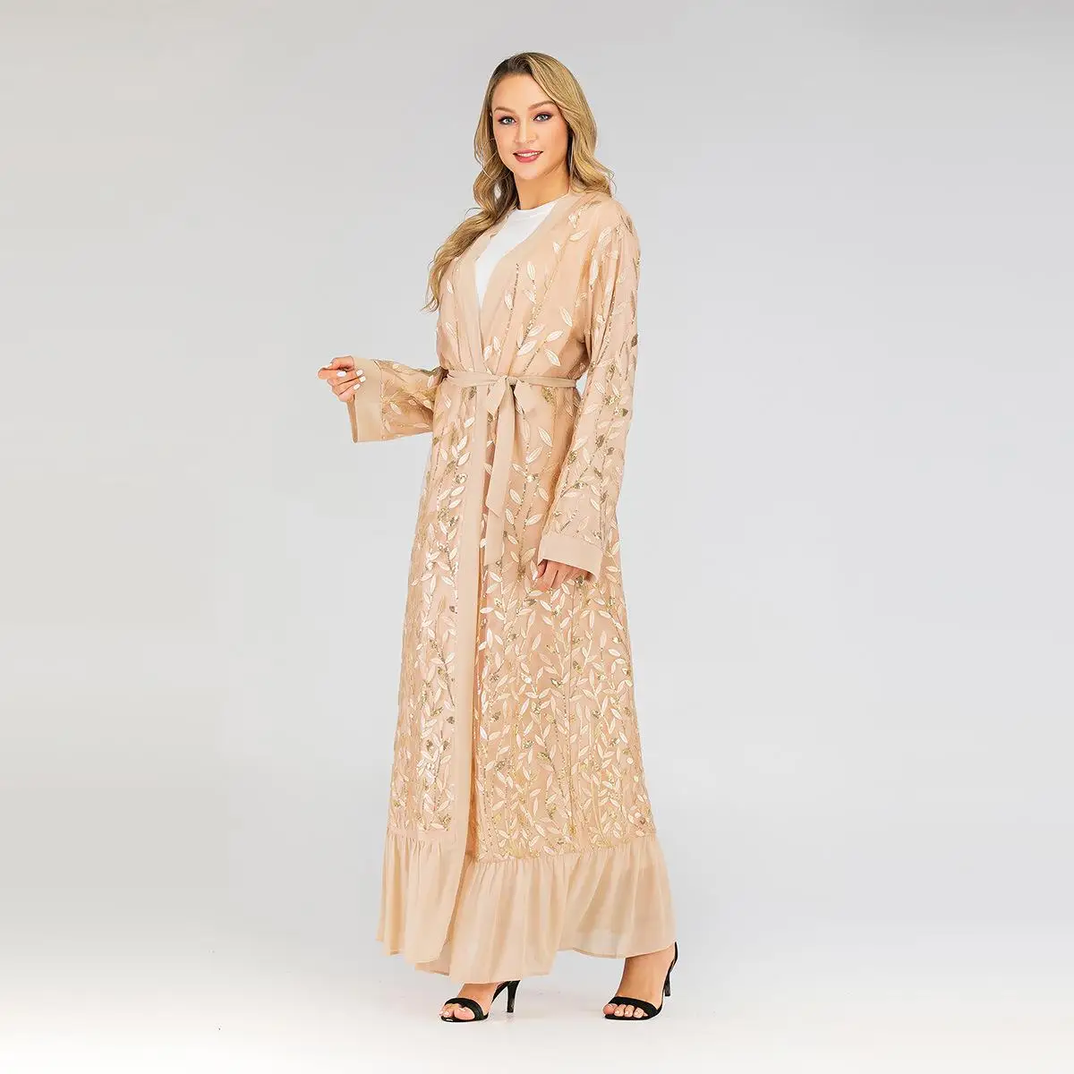 Дубай abaya кимоно кружева вышивка открытый кафтан леди мусульманское платье макси