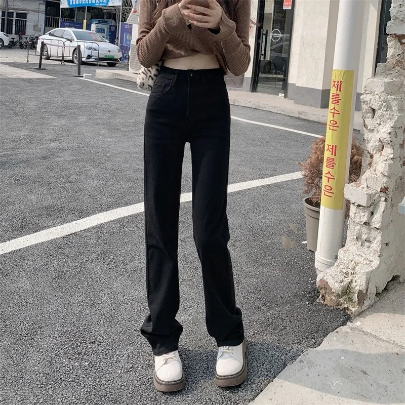 Осенние свободные черные прямые женские джинсовые брюки 2021 корейские облегающие
