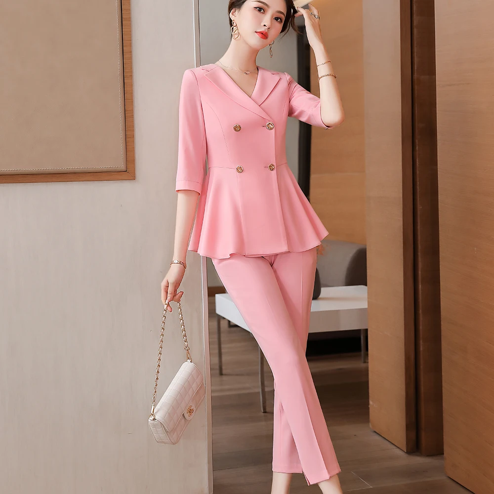 

2021 Spring Women's Pants Suit Pink Blue Double Breasted Blazer +Trouser Bussiness Jacket Office Lady 2 Pieces Set Plus Size 4XL