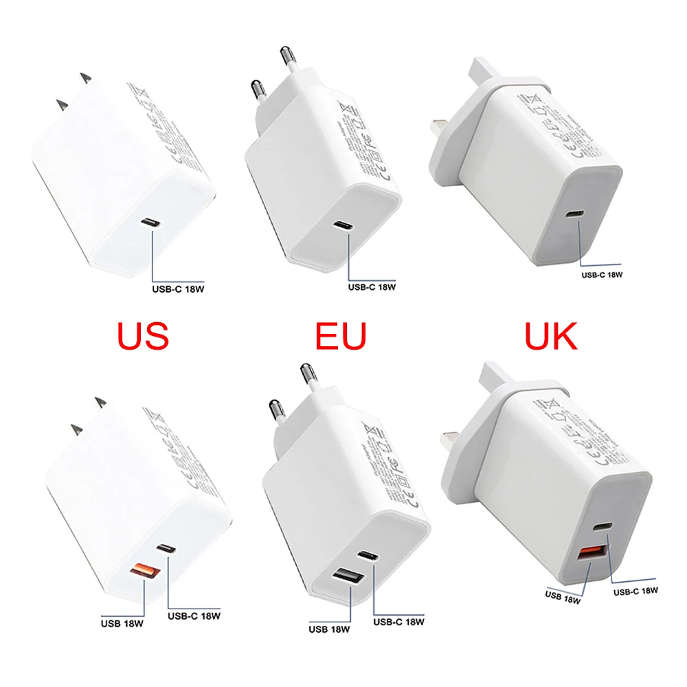 

10pcs 18W Quick Charger PD Adapter USB Type C/A Port Support PD 2.0 3.0 & QC 2.0 3.0 Charging Standard , US EU UK Plug For Phone