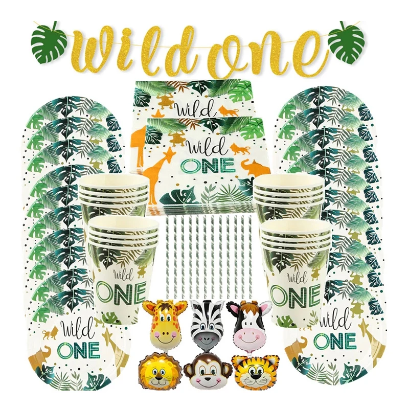 

Wild One Disposable Party Tableware For Kids Birthday Party Supplies Jungle Safari Decorating Paper Plate Cup Napkin Tablecloth