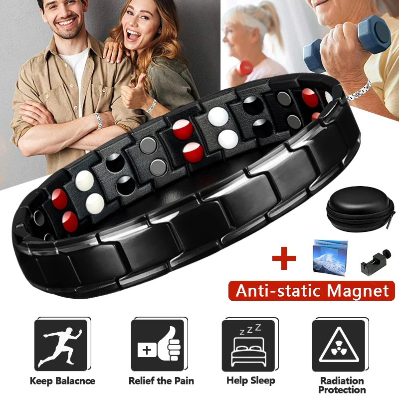 Черный 2-рядный магнитный браслет из чистого титана очаровательный для здоровья