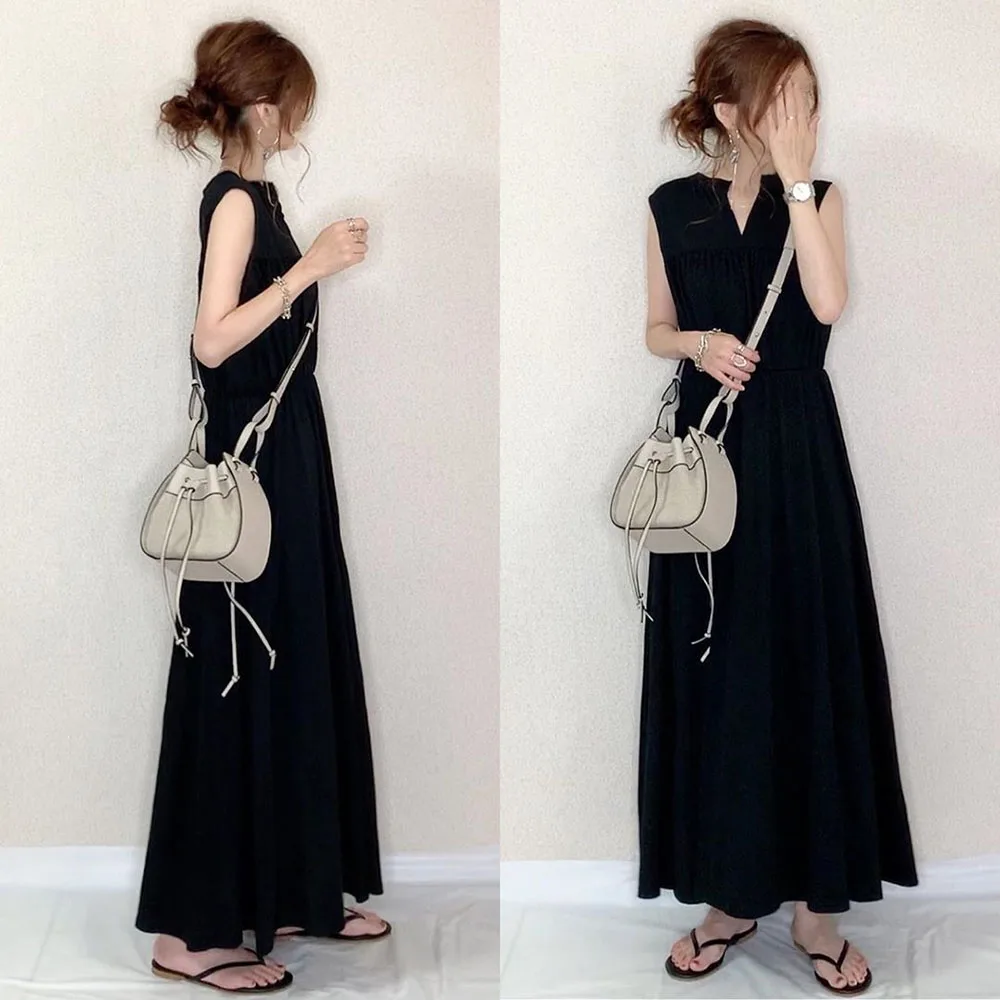 

Black Pleated Maxi Dress Women 2022 Summer Plain A-Line Japanese Style Office Lady Female Casual Sleeveless Dresses