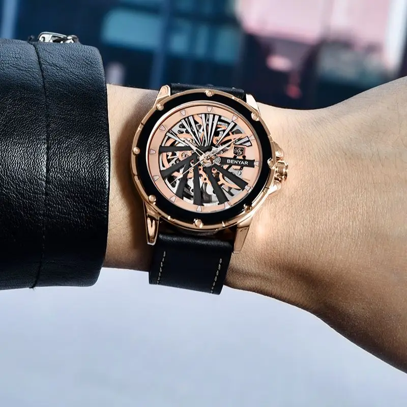 

2021 New BENYAR Automatic Mechanical Watch Men's Top Luxury Brand Men's Watch Fashion Leather Strap Waterproof Hollow Wristwatch