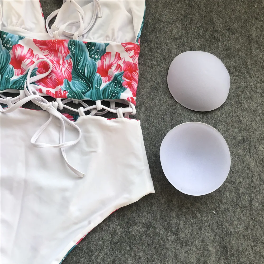 

High Waist Swimsuit 2021 Hollow Out Biquini Women Bathing Suit Deep V Neck Bikini Print Monokini String Swimwear One-Piece-Suits